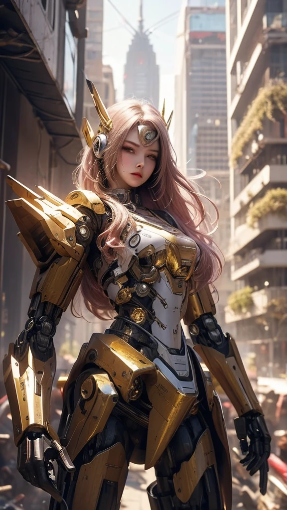 Cyborg woman taller than a skyscraper, The cyborg robot with an old and worn-out atmosphere is a combination of red and gold., Oil-stained robot parts, mechanical face, fighting pose, circuits printed on the body, electrical wiring, golden hair, long hair, Fusion style of machine and fantasy female warrior concept, future city sf landscape