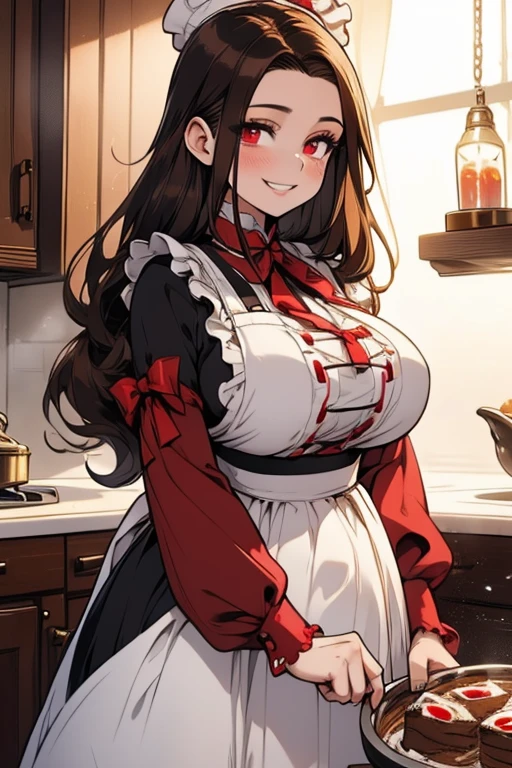 Perfect face. Perfect hands. A brown haired woman with red eyes and an hourglass figure in a ta maid dress is baking cakes in a fancy kitchen with a big smile