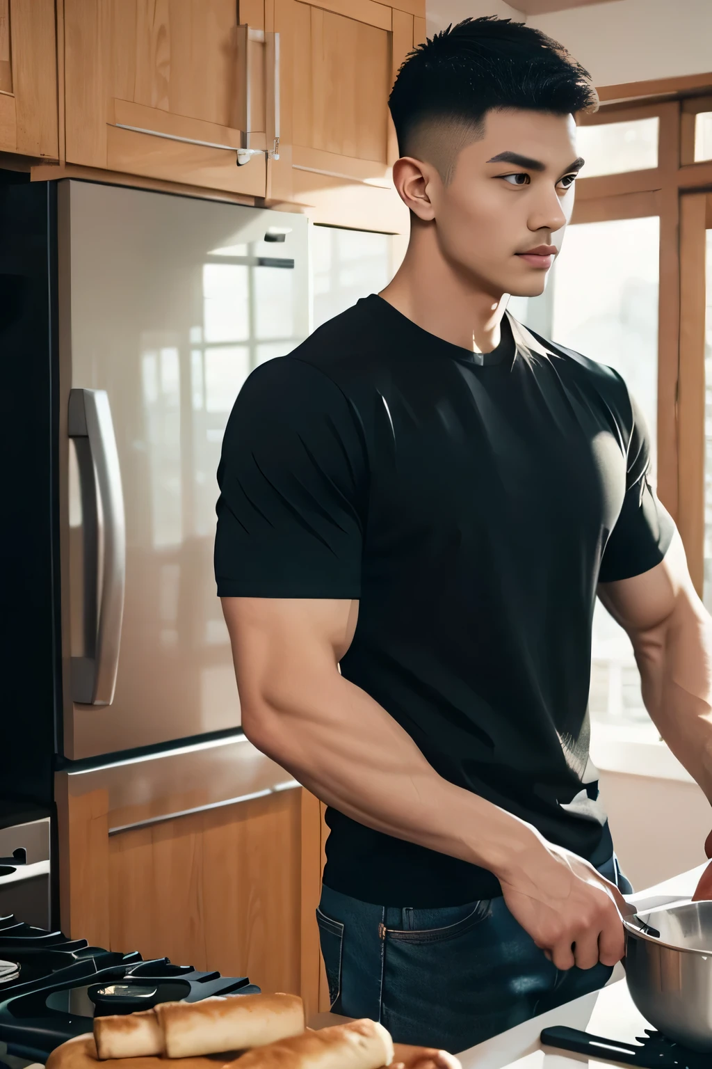 armface , Handsome young man standing and he cooking, (have a mustache:1) ,(buzz cut:1.1), (short hair:1.2), The forearms are muscular., (Tight T-shirt:1.5),(black shirt:1.5),Jeans, Big muscles, Handsome and muscular, full body angle, (Fitness:1.1), natural light