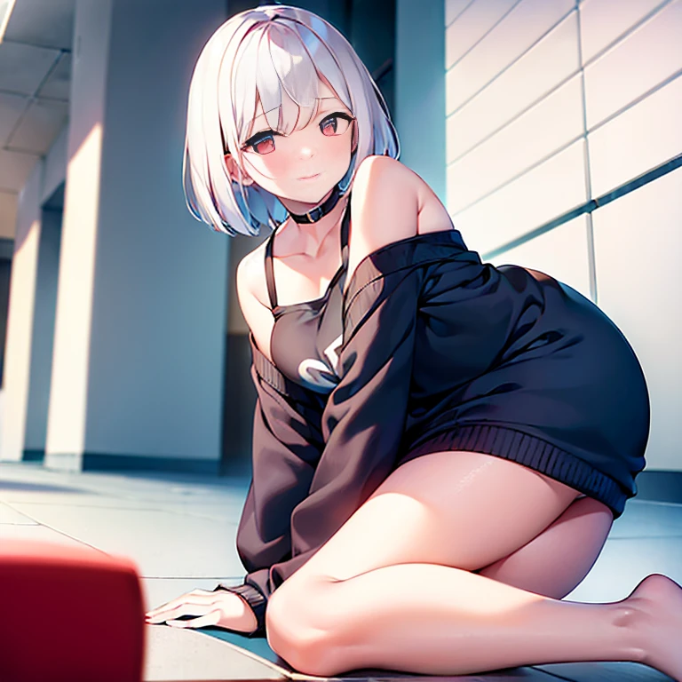 (girl)(white short hair)(red eyes)(Lying on floor)(boring)(emotion=🙂)4K