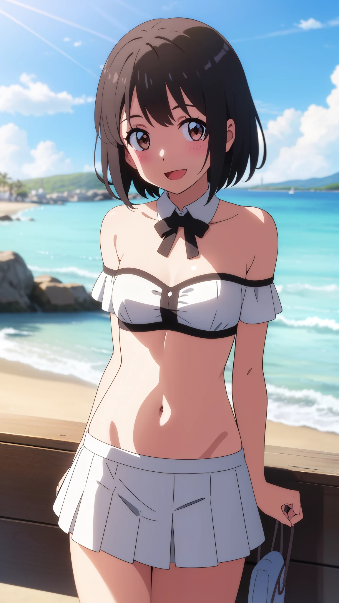 shinkai makoto, kimi no na wa., 1girl, bangs, black hair, blush, brown eyes, perfect face, looking at the viewer, white ruffled clothing, off shoulder strapless, exposed navel, white skirt, detached collar, red ribbon, short hair, solo, shinny skin, smile, cute, open mouth, :D, beach background, summer, sky, (masterpiece), best quality