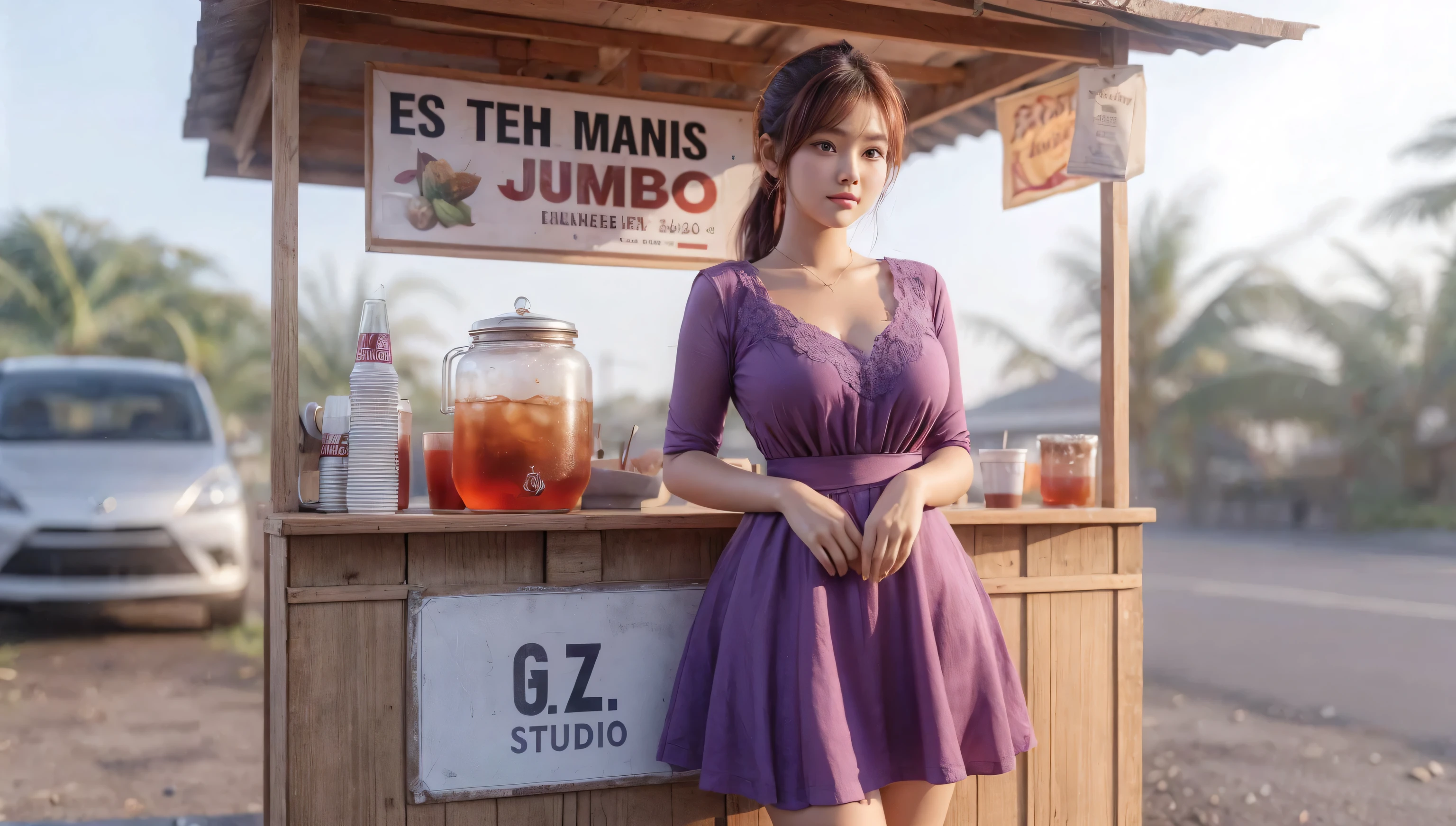 RAW: photorealistic of a 20yo indonesian woman, sundanese (curvy-size chest) selling iced tea. She is wearing a stylish knee-length purple housedress, her hair dyed a little reddish, tied in a ponytail. She is at a simple booth that is signed "ES TEH MANIS JUMBO" "RGZ.STUDIO" in large letters and spelled correctly. The afternoon atmosphere
