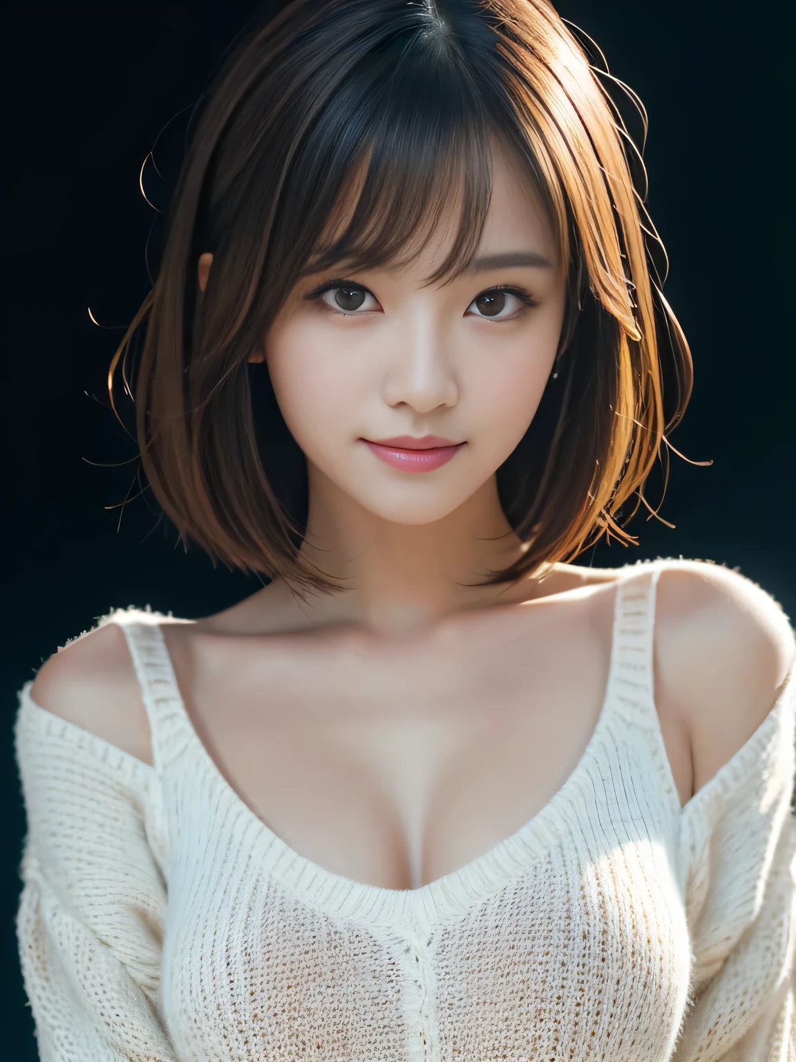 masterpiece, best quality, ultra-detailed, intricately detailed hyperdetailed, realistic, sharp features, highly detailed, sharp focus, 19years old, perfect face, perfect face, perfect symmetrically perfect eyes, perfect full lips, flexible female form, cinematic, film light, hyper detailed, hyper realistic, high resolution, vibrant, dynamic studio lighting, ((Dark background)), (seductive smile), short hair, straight Bangs, brown Eyes, White sweater, cowboy shot,