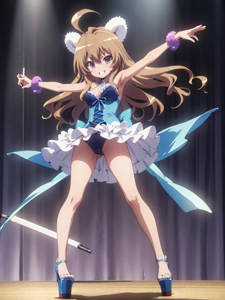 Taiga_Aisaka in sexy Brazilian carnival outfit and light blue stripper sexy platform open high heels posing happy front