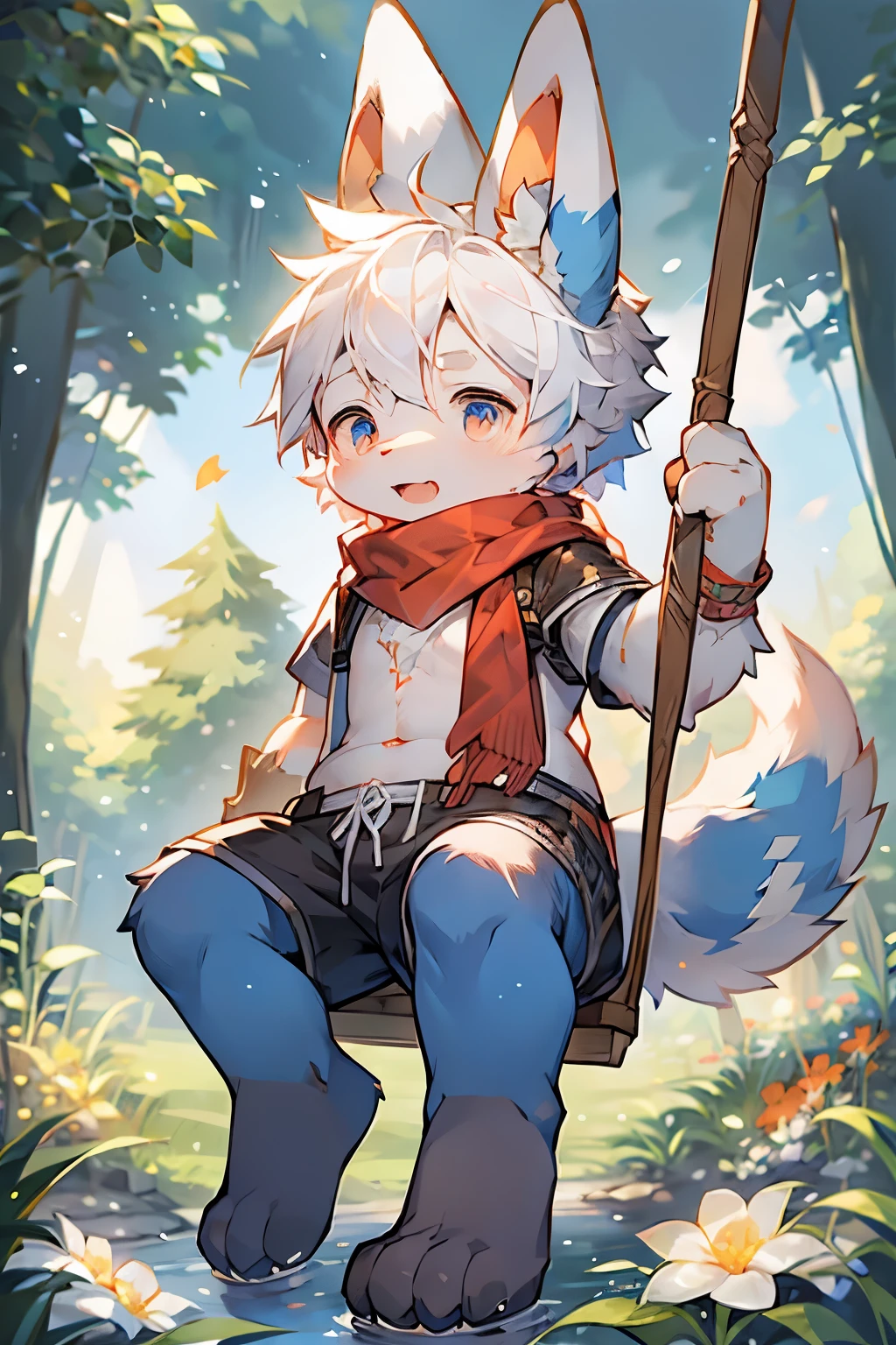 Dwarf rabbit boy,Bunny ears,Furry boys, characteristics,Red pupil,Blue Skin,White Arm,White hair,scarf,shorts,Forest Background,Flowers,Swing