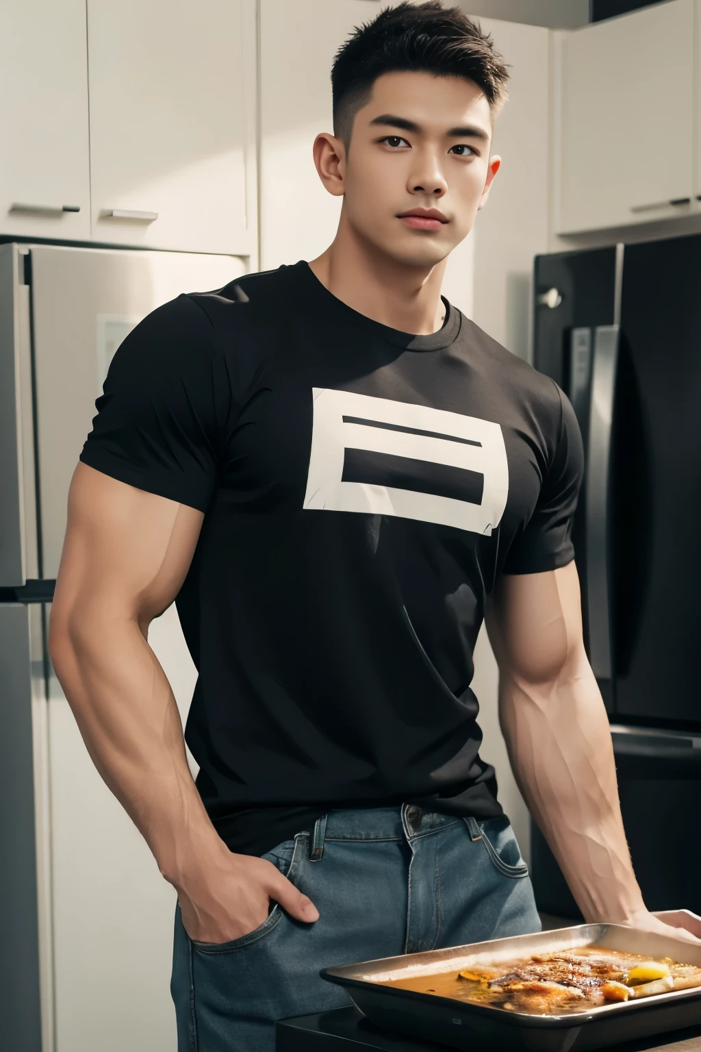 armface , Handsome young man standing and he cooking, (have a mustache:1) ,(buzz cut:1.1), (short hair:1.2), The forearms are muscular., (Tight T-shirt:1.5),(black shirt:1.5),Jeans, Big muscles, Handsome and muscular, full body angle, (Fitness:1.1), natural light 