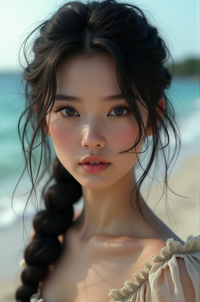 Highest quality, Ultra Nothing, Realistic, Beautiful Woman Photos, 30th Generation, Detailed face, Black Messy Fishtail Braid, (Exquisite porcelain doll,Delicate clothing with lots of frills and ribbons), Beach, (Face close-up), Captivating look, View your viewers