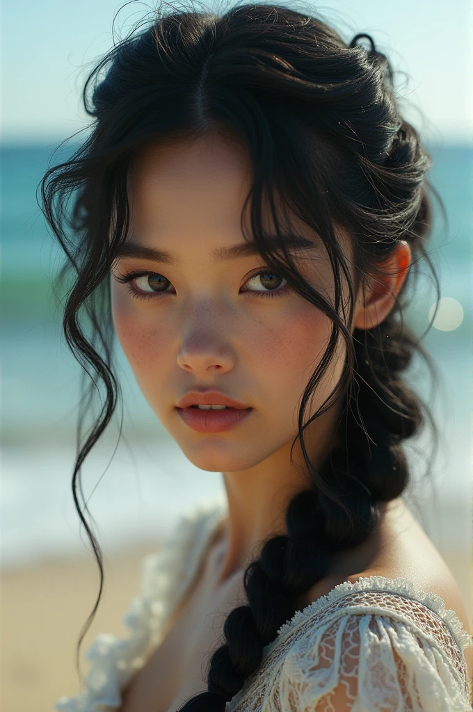 Highest quality, Ultra Nothing, Realistic, Beautiful Woman Photos, 30th Generation, Detailed face, Black Messy Fishtail Braid, (Exquisite porcelain doll,Delicate clothing with lots of frills and ribbons), Beach, (Face close-up), Captivating look, View your viewers