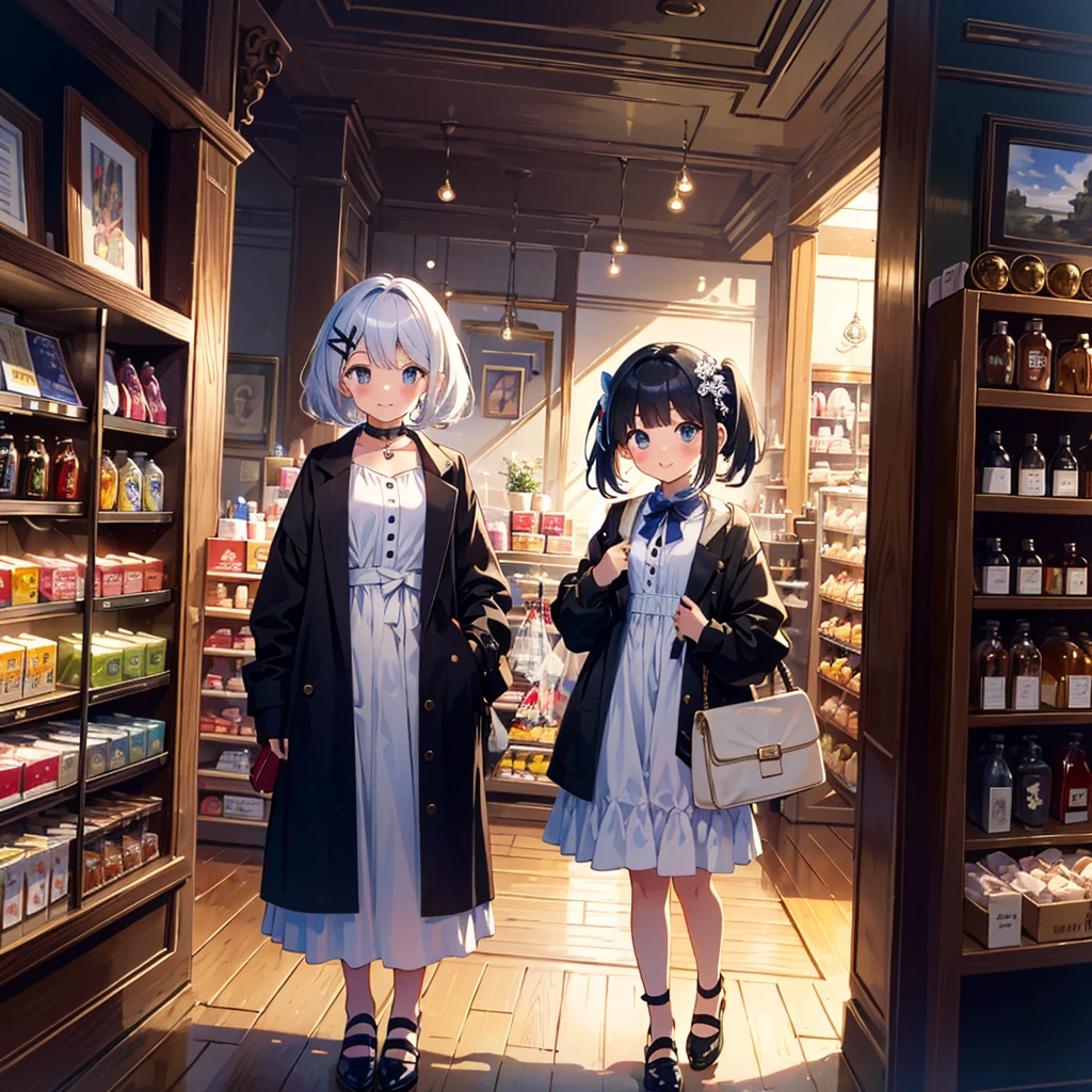 {{{Masterpiece, highest quality, high-resolution background}}}, bright and beautiful atmosphere, 1 girl (, round face, baby face), asts, very fashionable clothes, very expensive brand store, recommended by the clerk A girl with a very fashionable hair ornament is standing next to a girl holding a bag and smiling.
"deltamon_sdXL :0.73) >Deltamon"