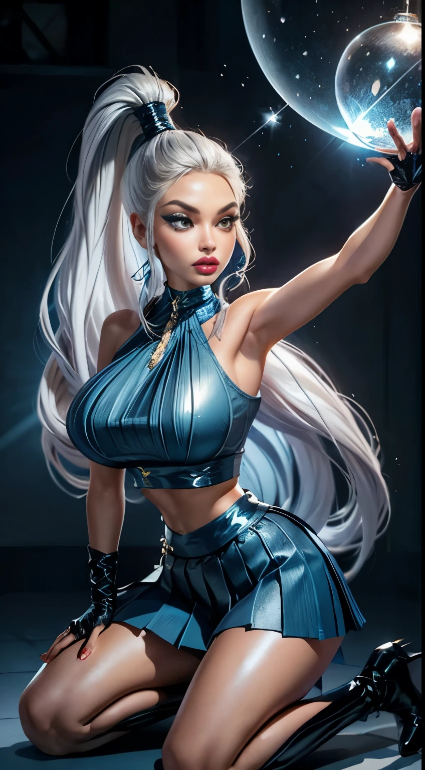 BMB-FK, Solar, fitting dress, 1 girl, face, woman , (masterpiece, Best quality), 1 girl, kneeling pose, show armpit, platinum blonde hair, Ponytail, Plump lips, Plump lips, huge breasts, hourglass figure, shocked face, hot winx outfit, (((tight blue crop top))), (((pleated microskirt))), school park, glove, thigh high,