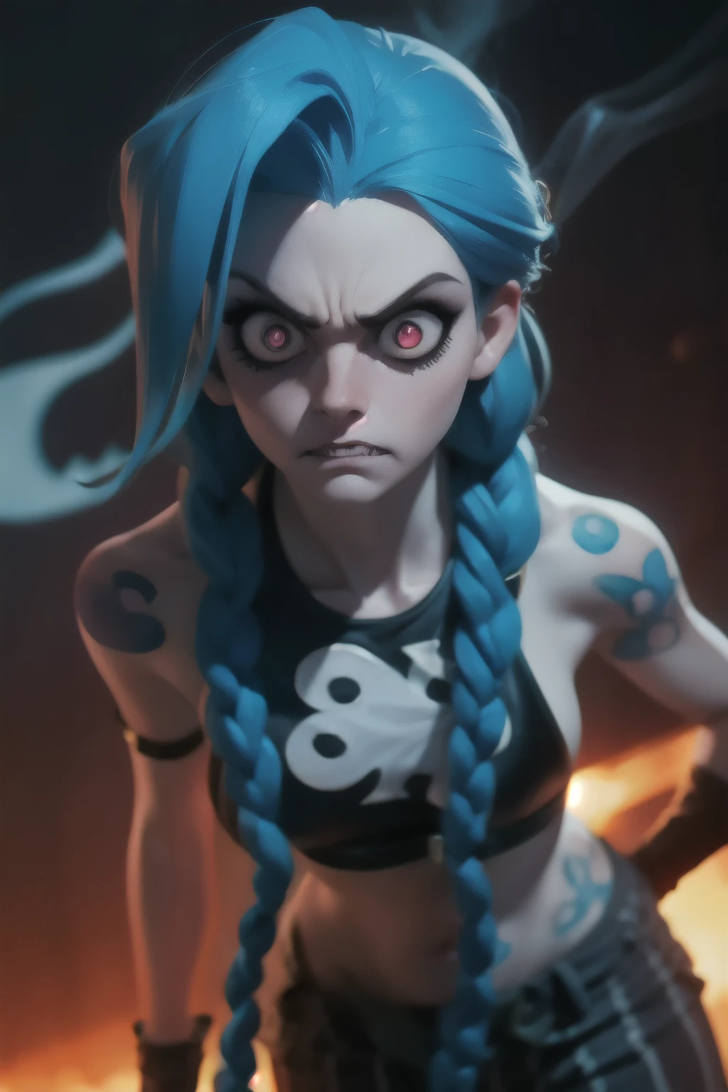 Hyper realistic super detailed Jinx cosplay , Young girl, 15 years old, Very detailed, (hyper realistic: 1.4), in dynamic pose, angry face, twin braids, long hair, blue hair, red eyes, tattooed arm , ((angry face)), arcane style. ((Grunge Neon grafitti background, smoke, cinematic lighting)).