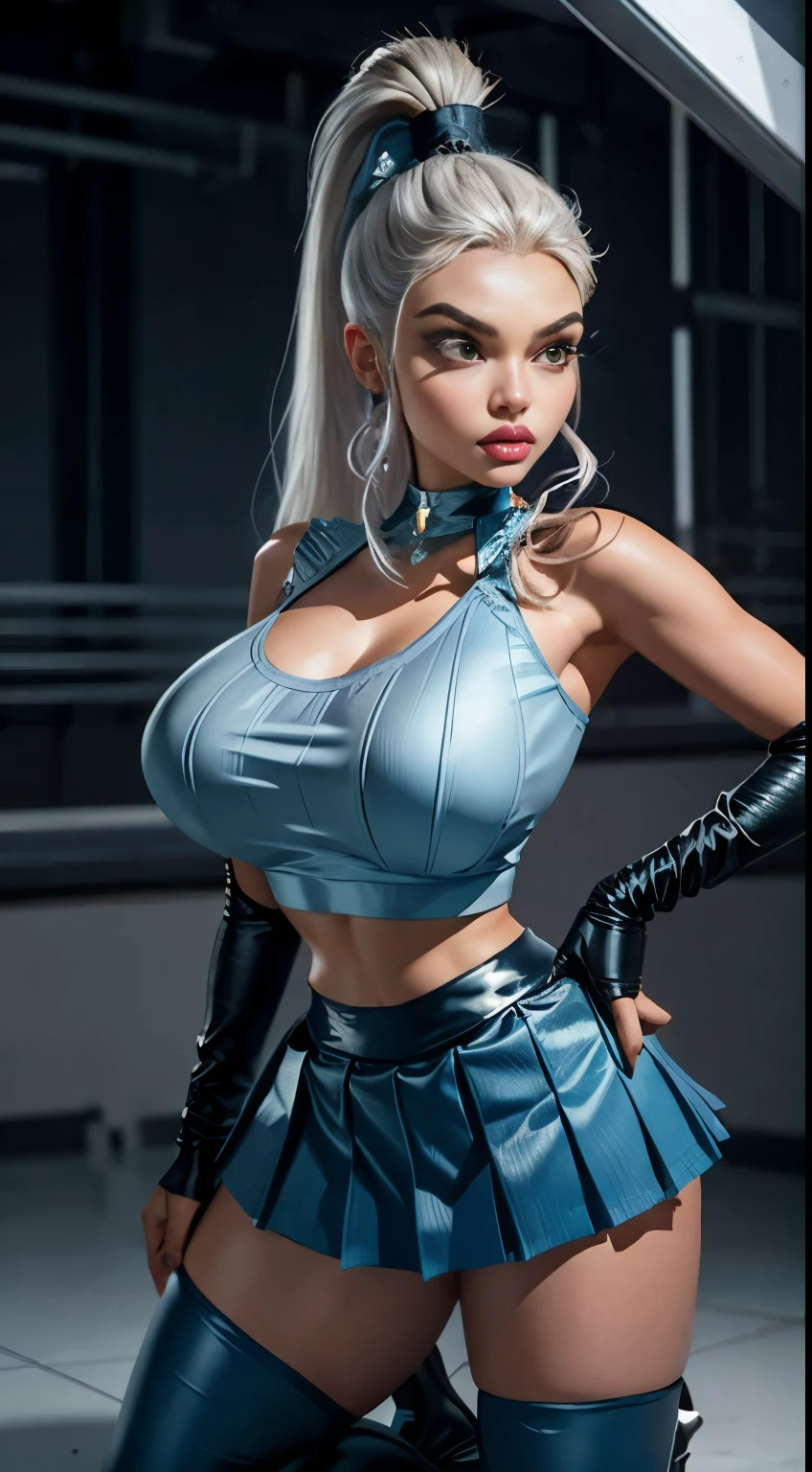 BMB-FK, Solar, fitting dress, 1 girl, face, woman , (masterpiece, Best quality), 1 girl, kneeling pose, show armpit, platinum blonde hair, Ponytail, Plump lips, Plump lips, huge breasts, hourglass figure, shocked face, hot winx outfit, (((tight blue crop top))), (((pleated microskirt))), school park, glove, thigh high,