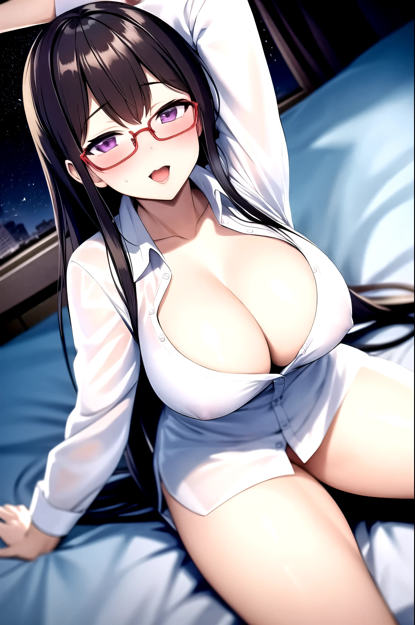 One Mature Woman,Naked shirt,Cleavage,Ahegao,Lying on your back,Put your hands behind your head,Spread your legs,whole body汗まみれ,Glasses,whole body,night