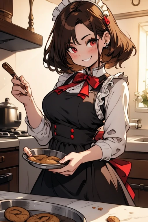 Perfect face. Perfect hands. A brown haired woman with red eyes and an hourglass figure in a Lolita maid dress is baking cookies in a fancy kitchen with a big smile