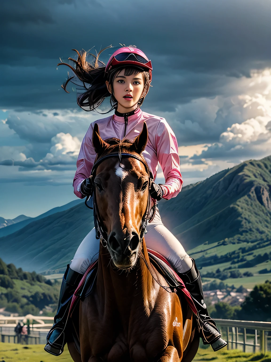 a female jockey riding a horse in the mountains, highly detailed, realistic, raw photo, super fine clear, influenced by impressionist paintings, masterpiece, 8k, best quality, photorealistic, beautiful detailed eyes, beautiful detailed lips, extremely detailed face and expression, dynamic action pose, sky with clouds and thunderstorm, no sun, vivid colors, the costume is female jockey riding outfit in pink-white colours 