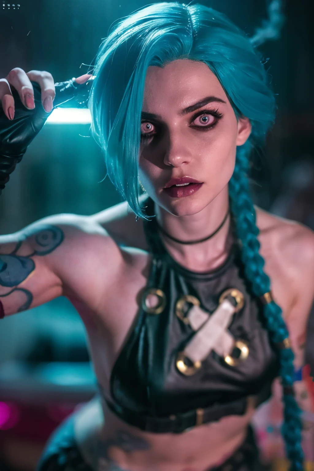 Hyper realistic super detailed Jinx cosplay , Young girl, , Very detailed, (hyper realistic: 1.4), in dynamic pose, angry face, twin braids, long hair, blue hair, red eyes, tattooed arm , ((angry face)), arcane style. ((Grunge Neon grafitti background, smoke, cinematic lighting)).