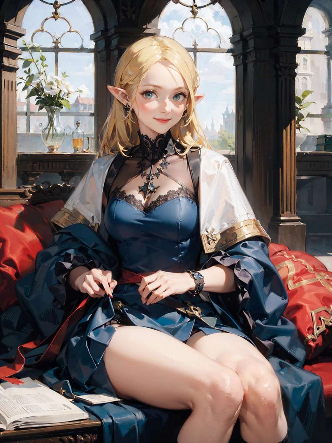 Gothic fashion woman,(masterpiece, Highest quality) detailed,Silver Accessories , blonde ,Pointy Ears ,((Lace Underwear)),Double Tail,Waist-length hair,smile,White lace socks,Rococo、Gorgeous dress