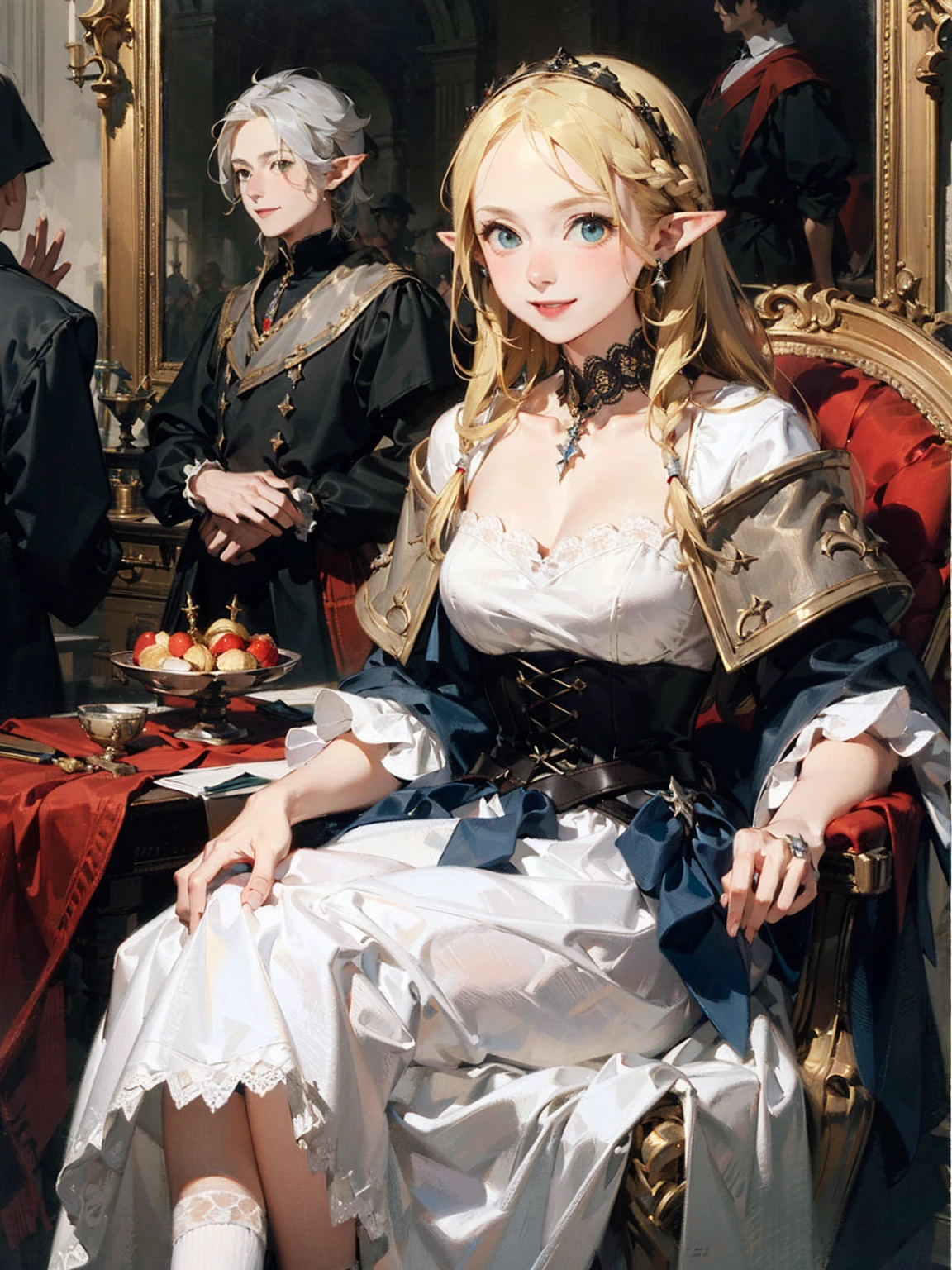 Gothic fashion woman，(masterpiece, Highest quality) detailed,Silver Accessories , blonde ,Pointy Ears ，Lace Underwear，Double Tail，Waist-length hair，smile，White lace socks，Rococo、Gorgeous dress
