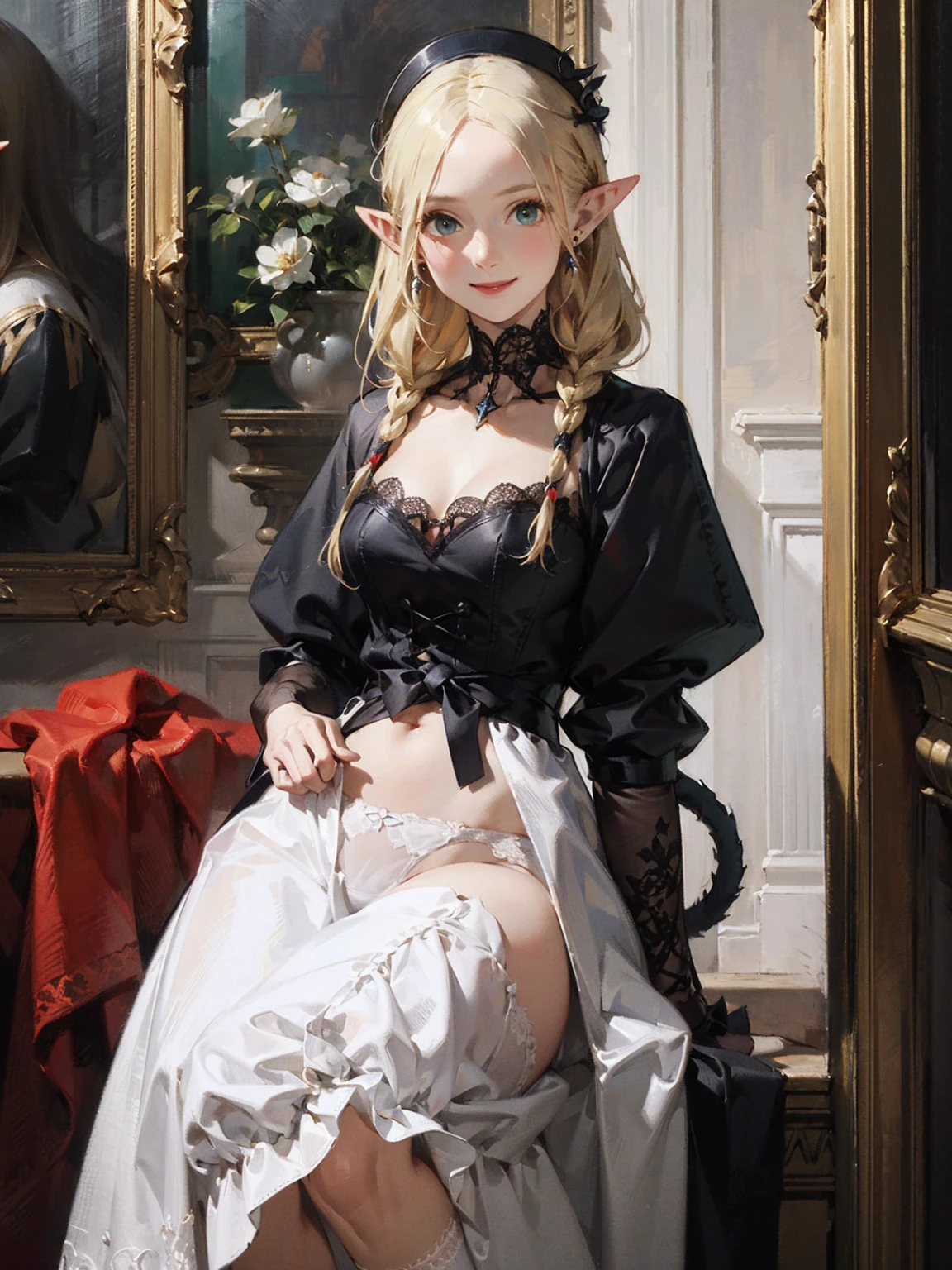 Gothic fashion woman,(masterpiece, Highest quality) detailed,Silver Accessories , blonde ,Pointy Ears ,Lace Underwear,Double Tail,Waist-length hair,smile,White lace socks,Rococo、Gorgeous dress