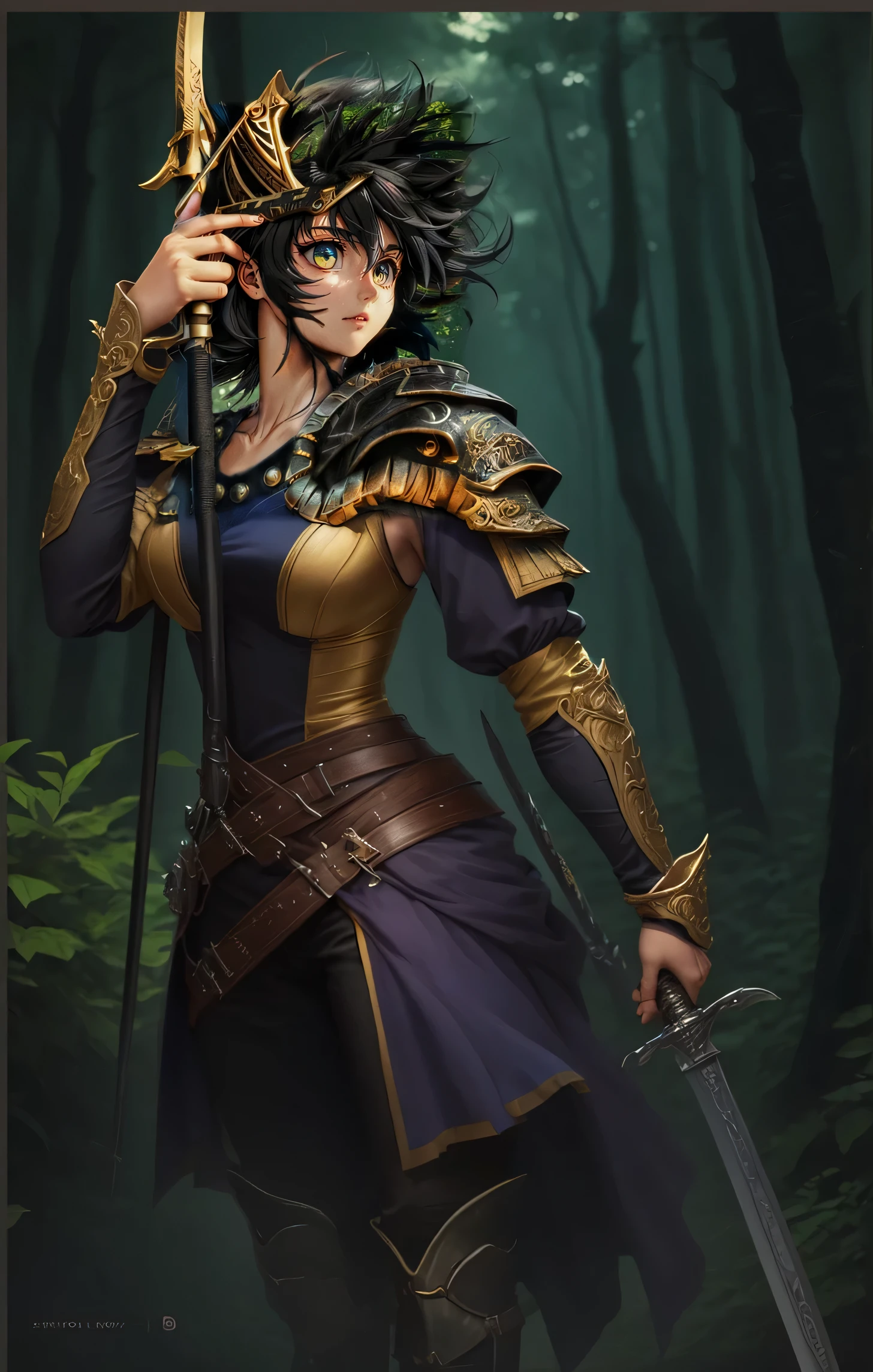 a person holding a sword and sword, anime detailed digital art, knights of the zodiac girl portrait, animework detailed art, anime detailed key art, 2. 5d cgi anime fantasy art, anime character detailed art , detailed anime art, intricate ornate anime CGI style, highly detailed official art, anime costume art, featuring a black archer outfit with gold accents, looking towards the horizon amidst the forest