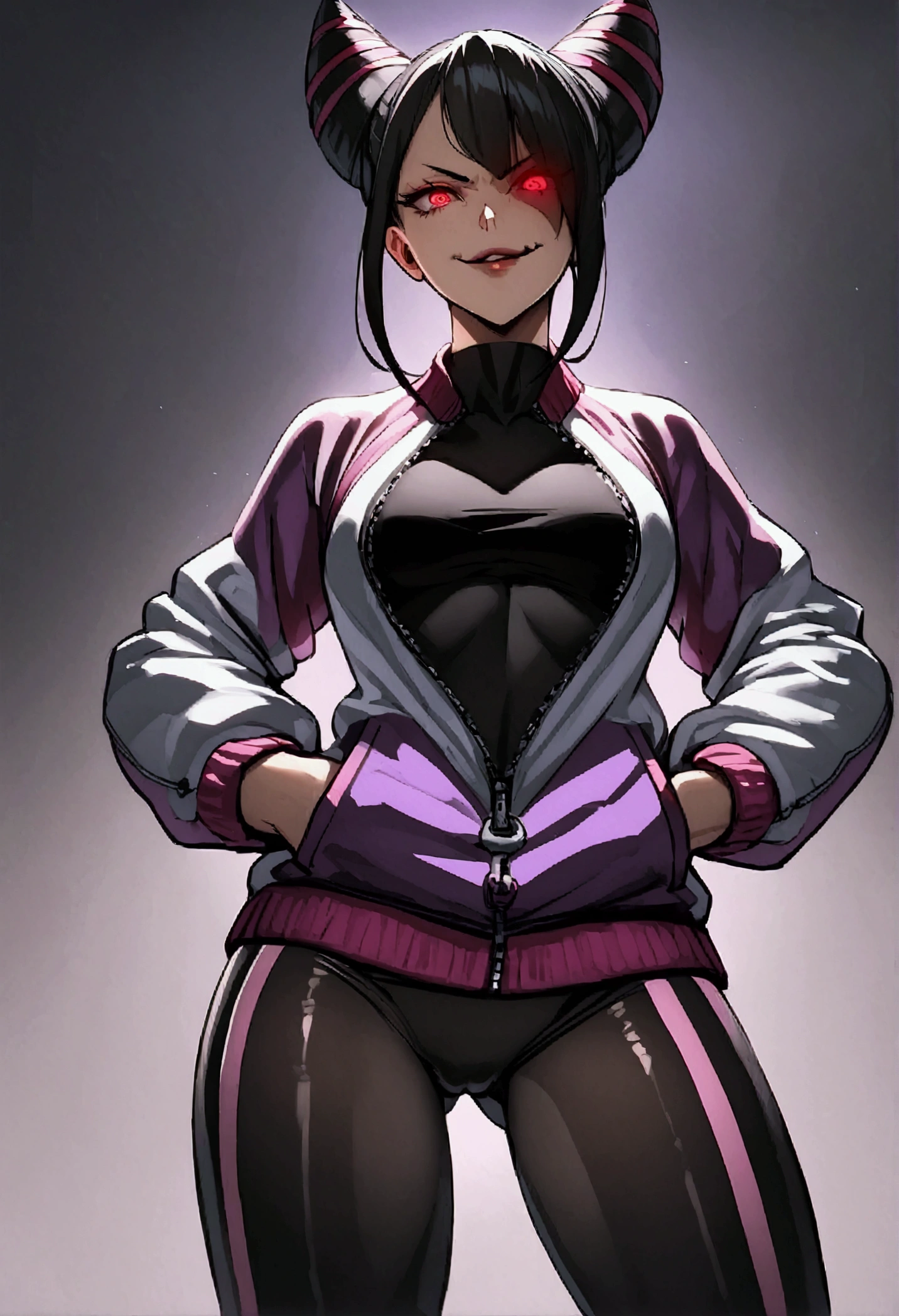 beautiful young fitness woman with , in a gym wearing May with black pantyhose, tight white and purple gym jacket. standing alone,hair horns,red eyes glowing,Evil smile,legging preto ,labiaa,dark eye shadow,shining eyes,hands in our pockets,neckleace,jacket zipper half open,Tight black shirt,juri han
