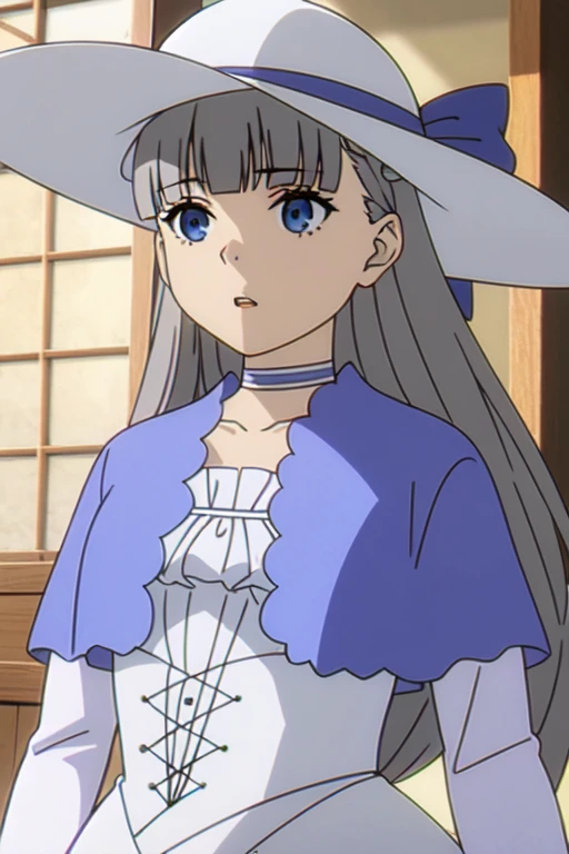 ((Bestquality))),((Ultra-detailed)),((illustration)),((Disheveledhair)),((frilld)),(1girl),(Solo), 1girl, bangs, blue bow, blue eyes, blue ribbon, blunt bangs, bow, dress, eyebrows visible through hair, hat, long hair, long sleeves, multiple girls, open mouth, parted lips, ribbon, solo, sun hat, upper body, grey hair