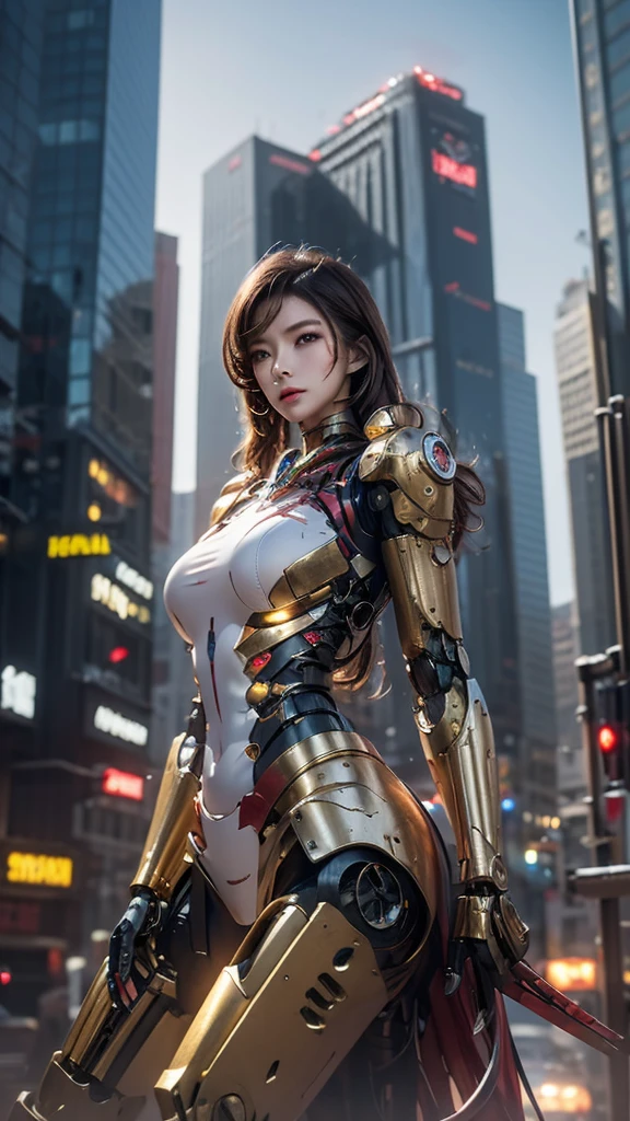 Cyborg woman taller than a skyscraper, The cyborg robot with an old and worn-out atmosphere is a combination of red and gold., Oil-stained robot parts, mechanical face, fighting pose, circuits printed on the body, electrical wiring, golden hair, long hair, Fusion style of machine and fantasy female warrior concept, future city sf landscape