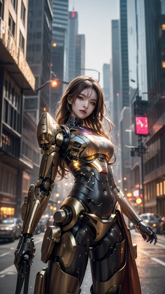 Cyborg woman taller than a skyscraper, The cyborg robot with an old and worn-out atmosphere is a combination of red and gold., Oil-stained robot parts, mechanical face, fighting pose, circuits printed on the body, electrical wiring, golden hair, long hair, Fusion style of machine and fantasy female warrior concept, future city sf landscape