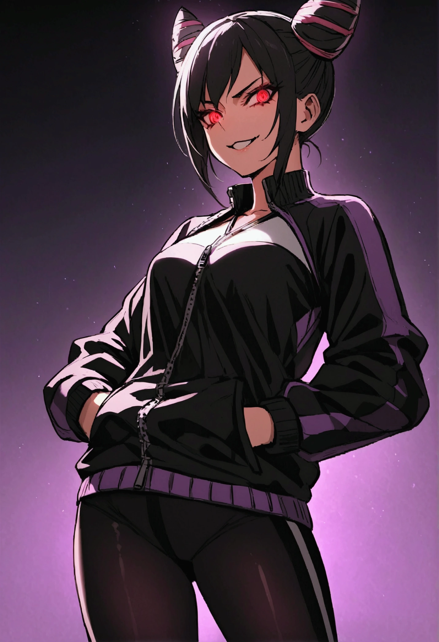 beautiful young fitness woman with , in a gym wearing May with black pantyhose, tight white and purple gym jacket. standing alone,hair horns,red eyes glowing,Evil smile,legging preto ,labiaa,dark eye shadow,shining eyes,hands in our pockets,neckleace,jacket zipper half open,Tight black shirt,juri han