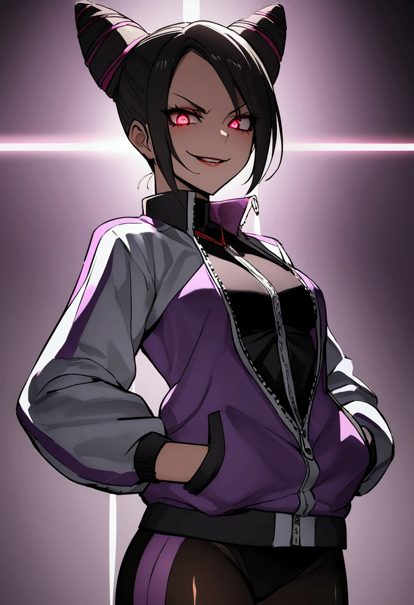 beautiful young fitness woman with , in a gym wearing May with black pantyhose, tight white and purple gym jacket. standing alone,hair horns,red eyes glowing,Evil smile,legging preto ,labiaa,dark eye shadow,shining eyes,hands in our pockets,neckleace,jacket zipper half open,Tight black shirt,juri han
