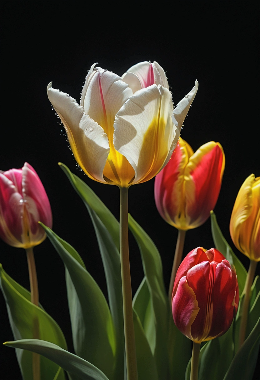 (Tulip:1.2), lmmerse yourself in the neon-lit, retro-futuristic garden in Retro Cyberpunk Visions, where the bright contrasts with the rough, forming a nostalgic yet futuristic scene, RAW photo, color graded, captivating chiaroscuro, dynamic movement, full body, (special effects:0.1), award-winning, cinematic still, emotional, vignette, dynamic, vivid, (masterpiece, best quality, photorealistic, Professional, perfect composition, very aesthetic, absurdres, ultra-detailed, intricate details:1.3)