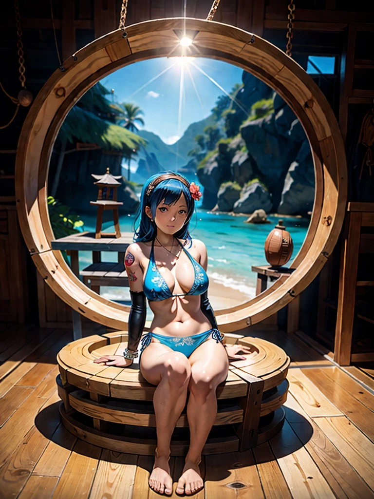 A woman sitting in a bikini with chains around her. one piece us from one piece enchanting anime girls anime characters one piece nami full body art monokini beautiful and detailed anime art one piece one piece nami one piece from nami tattoos on her body chained and locked in a hut chained hands us from nami inside the hut japanese anime characters with tattoos one piece nami