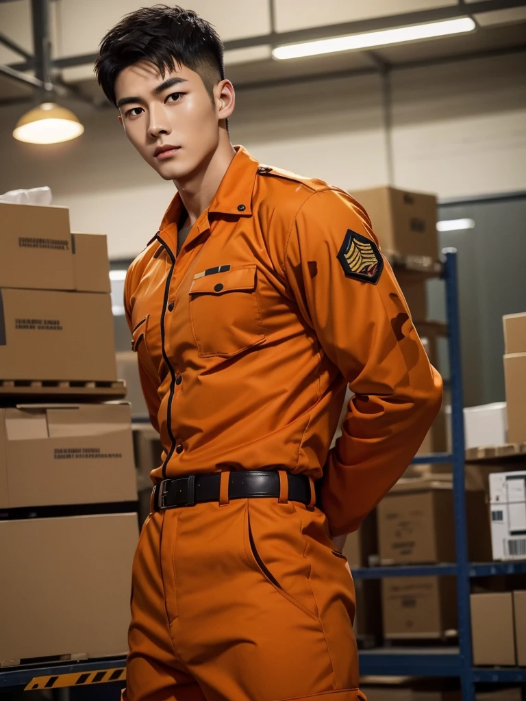 1 Handsome chinese slim guy, 20 years old, Hair combed smoothly, handsome orange soldier,Wearing a orange camouflage shirt,wearing orange military uniform, rugged orange soldier, Wear orange camouflage clothing, majestic,Who is Shi Yu?, Li Yuanbin, Kim Hyung Tae, Kim Hyung Tae, Yin Shishan, Handsome Chinese muscular guy,Broad shoulders and narrow waist,A handsome man wearing a orange camouflage military uniform and a belt,Form-fitting fabric contours the bust,in a remote warehouse,hands tied behind back,Hands tied behind the back,hands tied behind back,Masculine and sexy,High,Muscles look good,hairy body,Wheat complexion,black eyes(thin eyes 1:3),whole body image