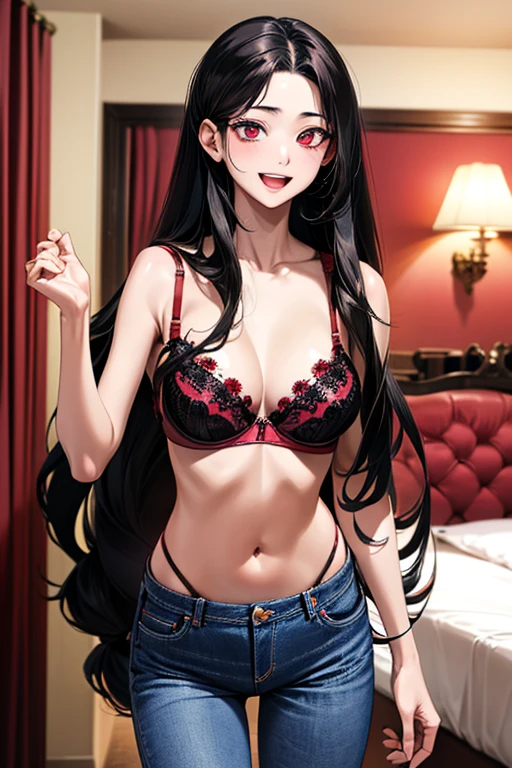 Very detailed、highest quality、Best image quality、masterpiece、8k、Anime Face、A kind smile、Open Mouth、((black long hair:1.5))、huge breast, sexy、 beautiful body 、Cowboy Shot, Sexual Intercourse, ((pink eyes)), hotel bedroom, ((( Jeans))), ((((red bra))))