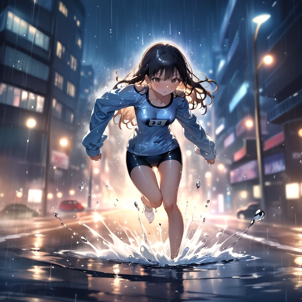 dynamic angle, ultra detailed cute moe anime, In the night city, under the dim glow of streetlights, a torrential downpour is falling heavily. Puddles form, and the roads flow like rivers. Amidst this, a girl in a (school swimsuit:1.3) is sprinting with all their might. The rain hits her skin, enveloping her in a cold embrace. Her hair is soaked, and water droplets stream down her face. The lights from surrounding buildings and cars reflect off the rain.