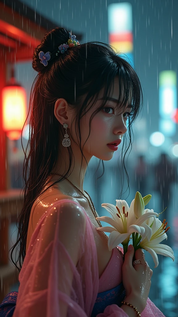 (RAW shooting, Photorealistic:1.5, 8k, Highest quality, masterpiece, Ultra-high resolution), ((((heavy snow, Blizzard)))), Highly detailed skin and facial textures:1.3, Perfect dynamic composition:1.2, (Shrine at night in a modern city, Expressions of sadness:1.0, Tears flow:1.0, Crying with a broken heart:1.0), Slim office lady wet with rain:1.3, Cowboy Shot, Fair skin:1.2, Sexy beauty:1.1, Perfect Style:1.2, beautifully、aesthetic:1.1, Very beautiful face:1.2, Water droplets on the skin, (Rain dripping down on my body:1.2, Wet body:1.2, Wet Hair:1.3), (Professional kimono dressing:1.1, Holding a bouquet of wet lilies:1.2, Wearing a wet pink kimono correctly:1.3), (Mid-chest, See-through bra, Chest gap), (Beautiful erotic eyes:0.9, Too erotic:0.9, Fascinating:0.9), necklace, Earrings, bracelet, wedding ring, Highly detailed hands and fingers