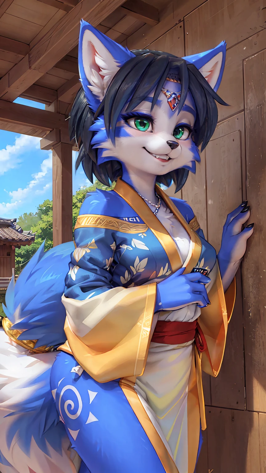 A beautiful and detailed (sweet picture) wa ((krystal)), Star Fox Krystal, sslim, lovable, green eyes, medium breasts, (((Long blue hair 1.3))), ((black hair tips)), Decollete, grin, look up,, anthro, furry, Uploaded E621, detailed fluffy fur, (wa Fluff-Kevlar, Bayard Wu, personalize me, Pino Daeni), detailed face, (fluffy), 1 girl, alone, sweet girl, alone, wears a kimono, is located in your Japanese village