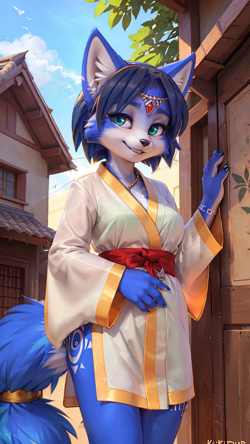 A beautiful and detailed (sweet picture) wa ((krystal)), Star Fox Krystal, sslim, lovable, green eyes, medium breasts, (((Long blue hair 1.3))),  ((black hair tips)), Decollete, grin, look up,, anthro, furry, Uploaded E621, detailed fluffy fur, (wa Fluff-Kevlar, Bayard Wu, personalize me, Pino Daeni), detailed face, (fluffy), 1 girl, alone, sweet girl, alone, wears a kimono, is located in your Japanese village