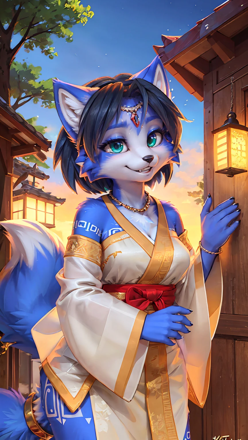 A beautiful and detailed (sweet picture) wa ((krystal)), Star Fox Krystal, sslim, lovable, green eyes, medium breasts, (((Long blue hair 1.3))),  ((black hair tips)), Decollete, grin, look up,, anthro, furry, Uploaded E621, detailed fluffy fur, (wa Fluff-Kevlar, Bayard Wu, personalize me, Pino Daeni), detailed face, (fluffy), 1 girl, alone, sweet girl, alone, wears a kimono, is located in your Japanese village