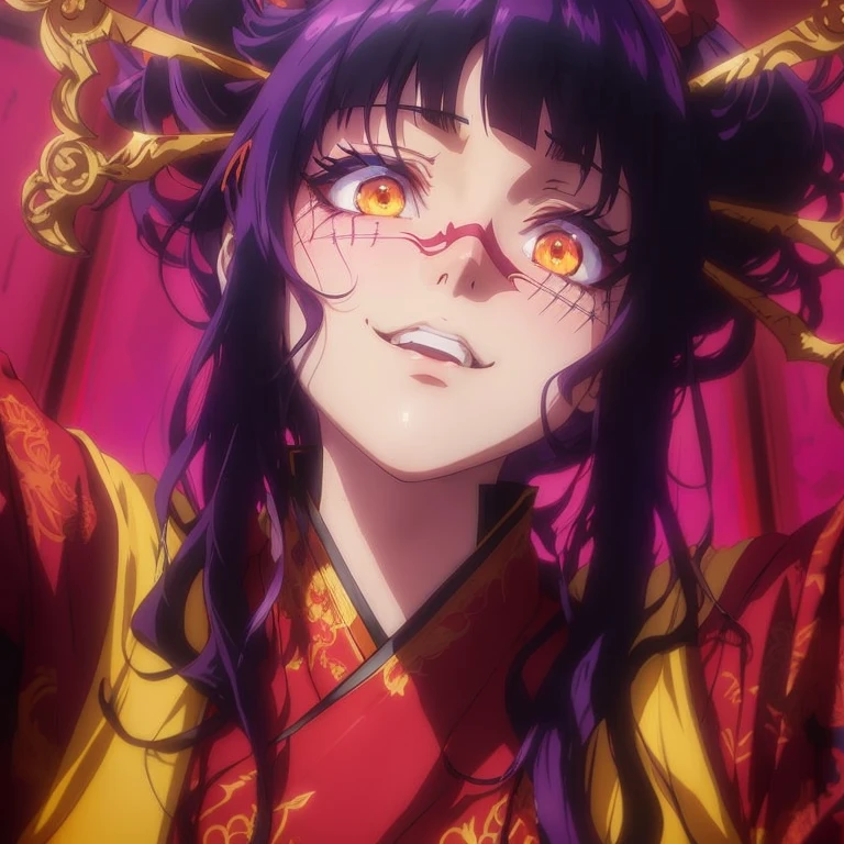 anime character with purple hair and yellow eyes in a red room, Hanyamata, madhouse anime style, anime movie and shikishi anime movie, in the anime film, today&#39;s featured anime yet, dreamy psychedelic anime, screenshot from guro anime, Misato Katsuragi, 2 0 2 1 anime, shuushuu anime image, 4K image