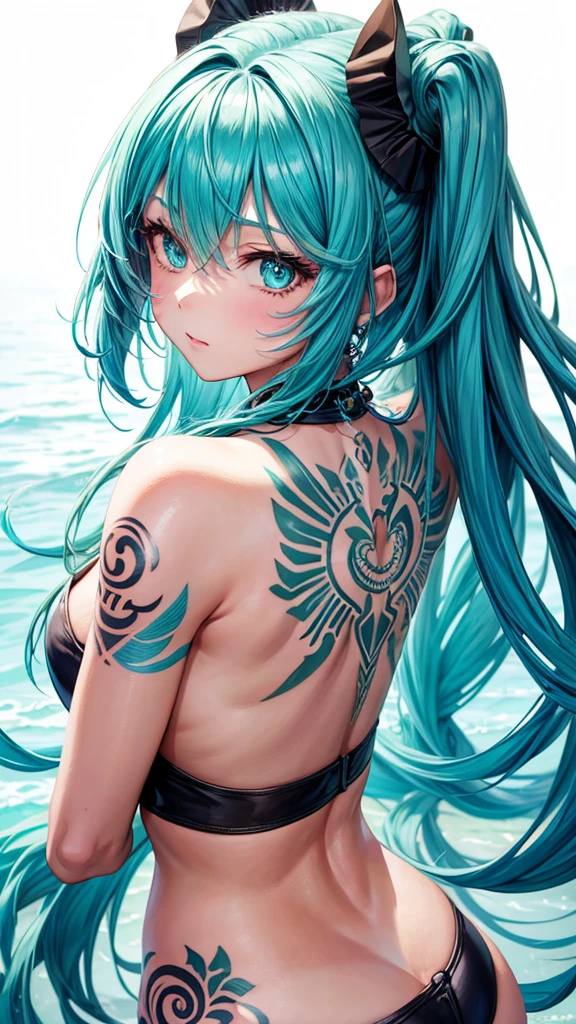 Turquoise hair anime girl with tattoo