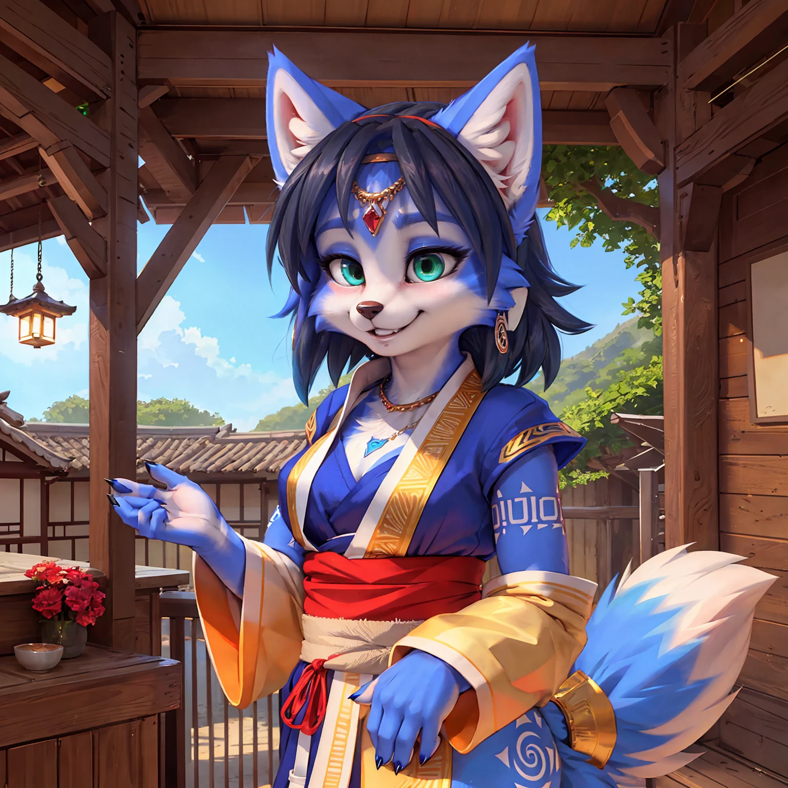 A beautiful and detailed (sweet picture) wa ((krystal)), Star Fox Krystal, sslim, lovable, green eyes, medium breasts, (((Long blue hair 1.3))),  ((black hair tips)), Decollete, grin, look up,, anthro, furry, Uploaded E621, detailed fluffy fur, (wa Fluff-Kevlar, Bayard Wu, personalize me, Pino Daeni), detailed face, (fluffy), 1 girl, alone, sweet girl, alone, wears a kimono, is located in your Japanese village
