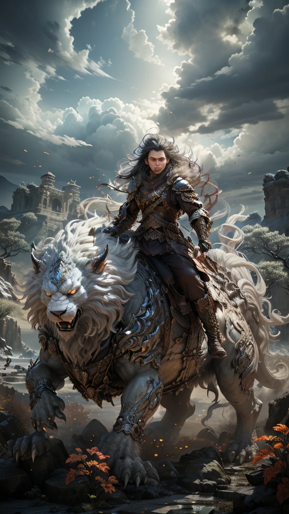 dream-state、fanciful、manticore、tmasterpiece，Toenails，sickle，safe，Layered hair，White fur，Riding，Ultra-high resolution，high high quality，Export details，Great Wilderness East Meridian，