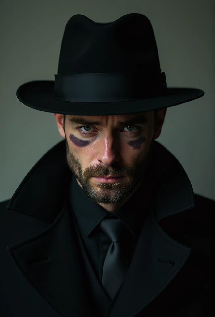 Man in black hat with black suit and overcoat with tired features and dark circles,face half covered by black hat