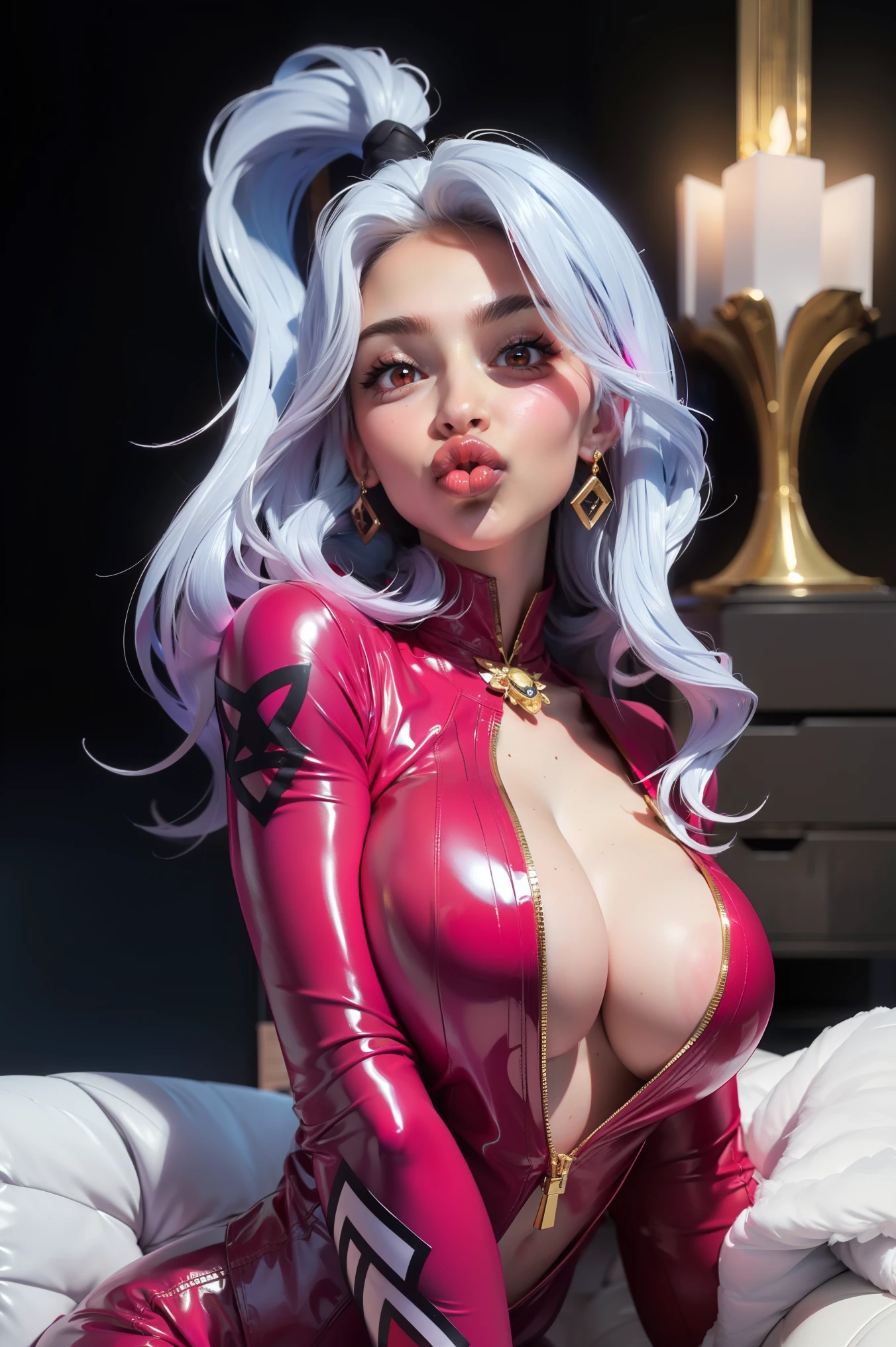Widowmaker (overwatch),(1 girl), Red eyes,long hair,, big lips, anime, beautiful lips,, ((Best quality)), Soft fill, a high resolution, hourglass body, , sexy POV video, big lips, White hair, ((Red eyes)), , big lips,x ornament, ornament, Duck Face, focus on lips, shiny lips in pink clothes