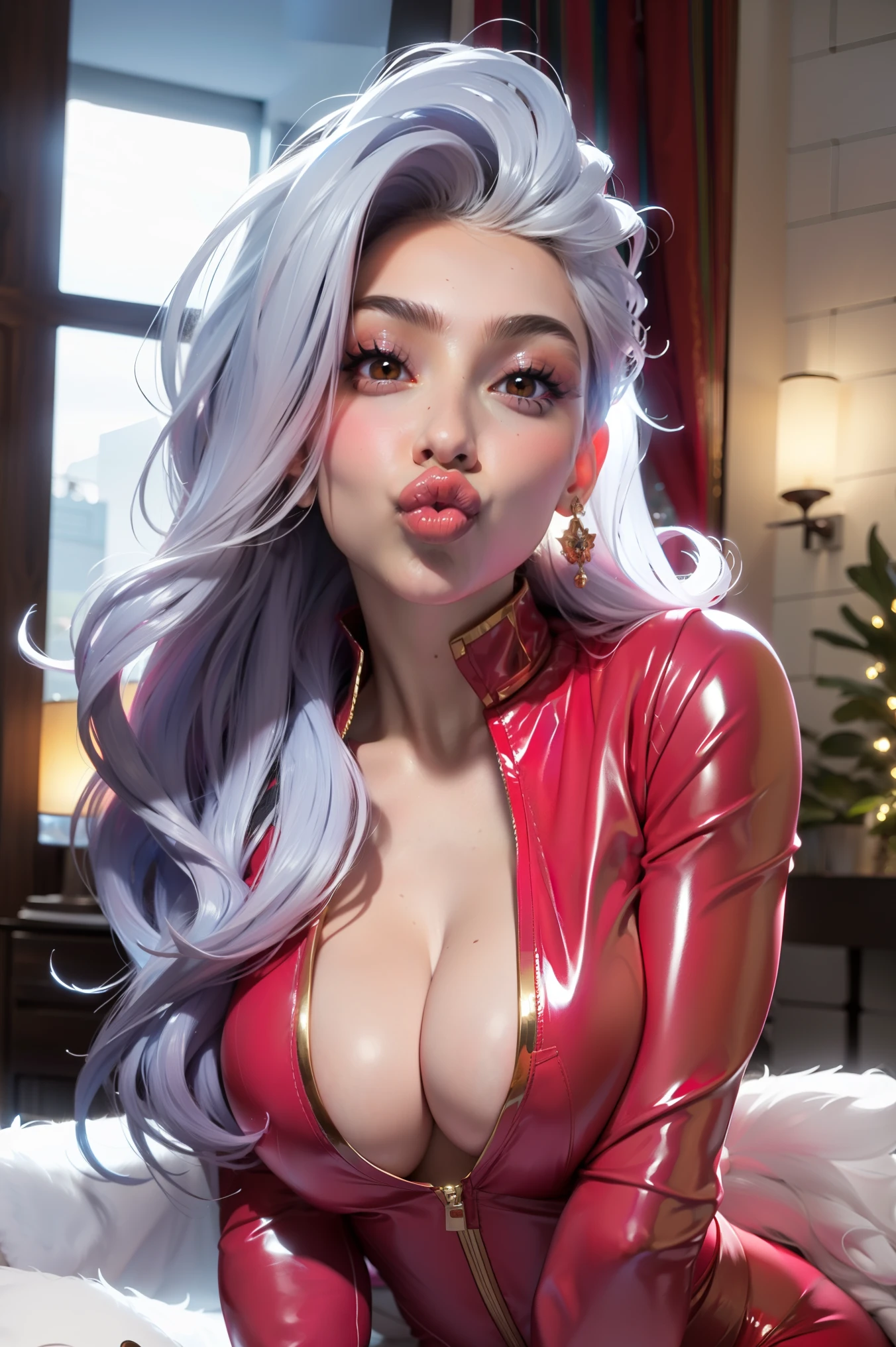 Widowmaker (overwatch),(1 girl), Red eyes,long hair,, big lips, anime, beautiful lips,, ((Best quality)), Soft fill, a high resolution, hourglass body, , sexy POV video, big lips, White hair, ((Red eyes)), , big lips,x ornament, ornament, Duck Face, focus on lips, shiny lips in pink clothes