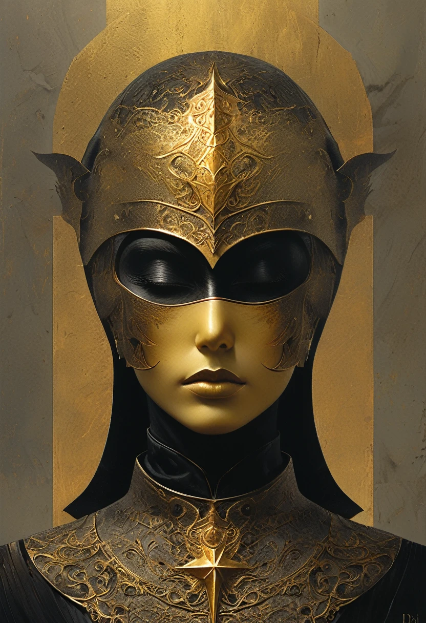 A female figure from Diablo, re-imagined as a sacred being. Dark and sacred aesthetics blend. Gold and black metal dominate, with metal texture in armour and ornamentation. Mystery and intrigue are emphasised, with dramatic lighting and shadows adding depth. Balanced visual arrangement, with the Diablo figure at the centre. Lightly textured vintage print aesthetic. Strong light and shadow contrasts create depth and dramatic atmosphere. The image renders like an incredibly realistic high-resolution photograph or cinematic scene. A light scattering effect (like smoke or dust) is achieved with OctaneRender or a similar programme. It has a mature style, appealing to late s and young adults, and adds a unique element - a golden, star-shaped face mask adds mystery. Incredibly detailed artwork is created showing the intricate textures of the armour, flowing fabrics of the robes and subtle changes in lighting. These stylistic elements create a unique and visually stunning image that blends the iconic Diablo character with sacred aesthetics and dark artistic effects.