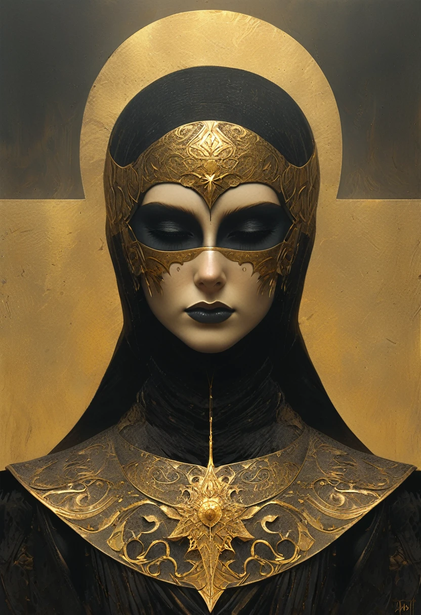 A female figure from Diablo, re-imagined as a sacred being. Dark and sacred aesthetics blend. Gold and black metal dominate, with metal texture in armour and ornamentation. Mystery and intrigue are emphasised, with dramatic lighting and shadows adding depth. Balanced visual arrangement, with the Diablo figure at the centre. Lightly textured vintage print aesthetic. Strong light and shadow contrasts create depth and dramatic atmosphere. The image renders like an incredibly realistic high-resolution photograph or cinematic scene. A light scattering effect (like smoke or dust) is achieved with OctaneRender or a similar programme. It has a mature style, appealing to late s and young adults, and adds a unique element - a golden, star-shaped face mask adds mystery. Incredibly detailed artwork is created showing the intricate textures of the armour, flowing fabrics of the robes and subtle changes in lighting. These stylistic elements create a unique and visually stunning image that blends the iconic Diablo character with sacred aesthetics and dark artistic effects.