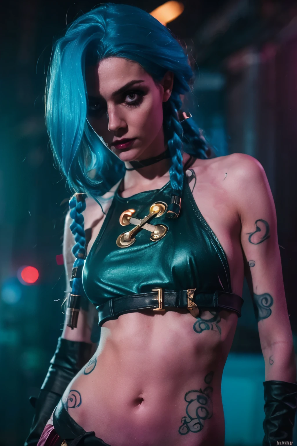 Hyper realistic super detailed Jinx cosplay , Young girl, ************, Very detailed, (hyper realistic: 1.4), in dynamic pose, angry face, twin braids, long hair, blue hair, red eyes, tattooed arm , ((angry face)), arcane style. ((Grunge Neon grafitti background, smoke, cinematic lighting)).