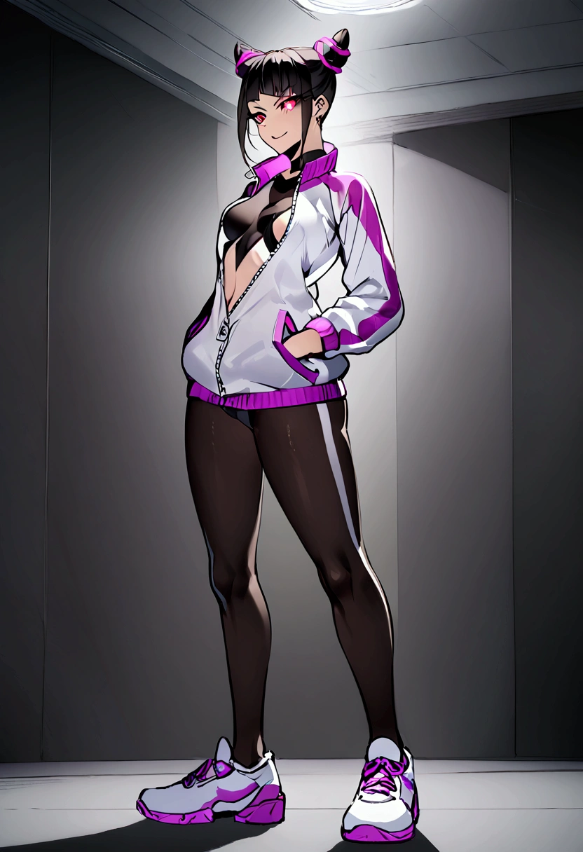 beautiful young fitness woman with , in a gym wearing May with black pantyhose, tight white and purple gym jacket. standing alone,hair horns,red eyes glowing,Evil smile,legging preto ,labiaa,dark eye shadow,shining eyes,hands in our pockets,neckleace,jacket zipper half open,Tight black shirt,white sports tennis shoes
